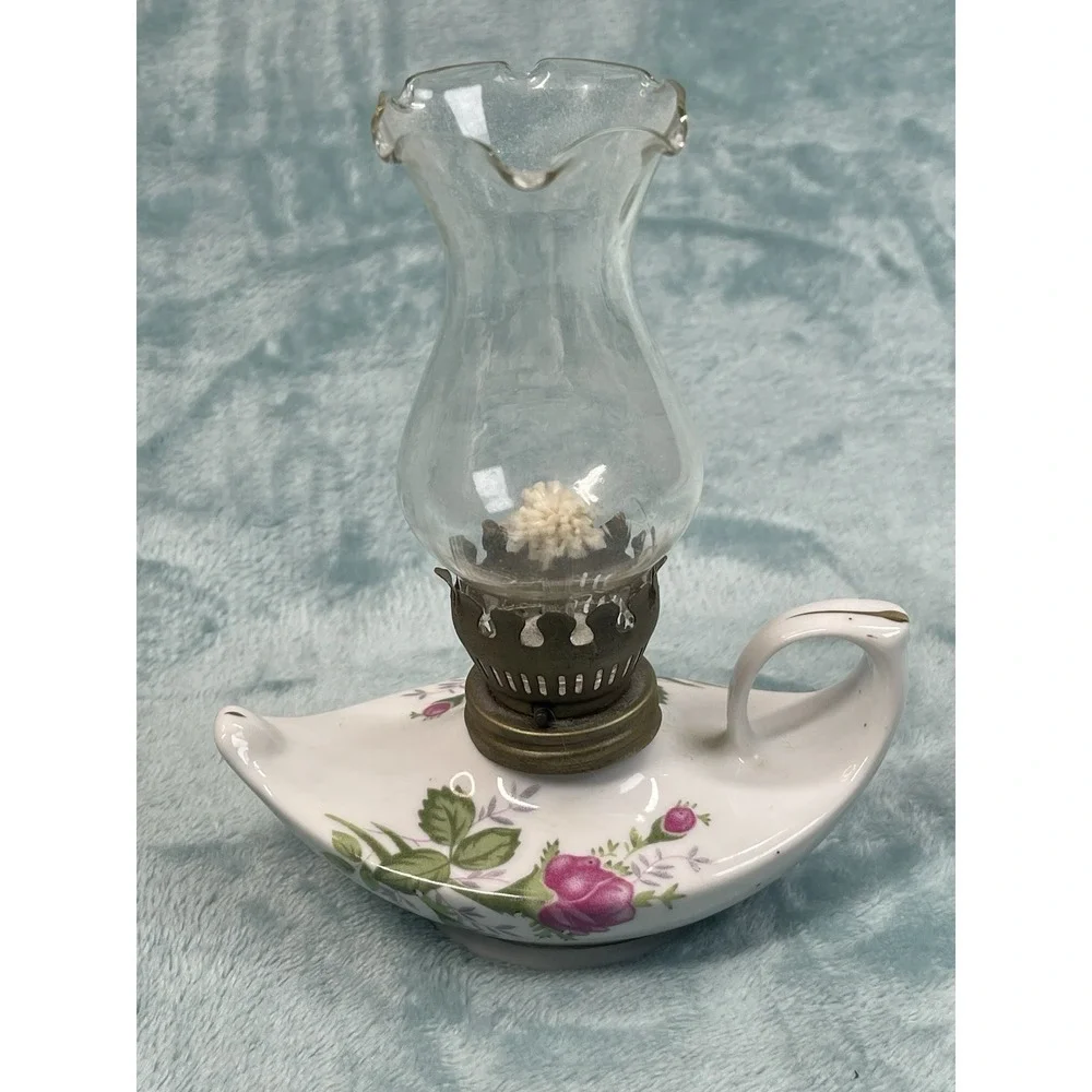 Vintage Mini Oil Lamp Porcelain Floral Finger Lamp Glass Chimney 6
